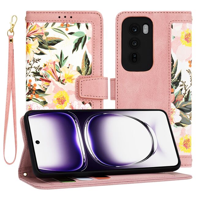 Husa tip carte pentru  Oppo Reno 12, functie stand si port carduri, roz