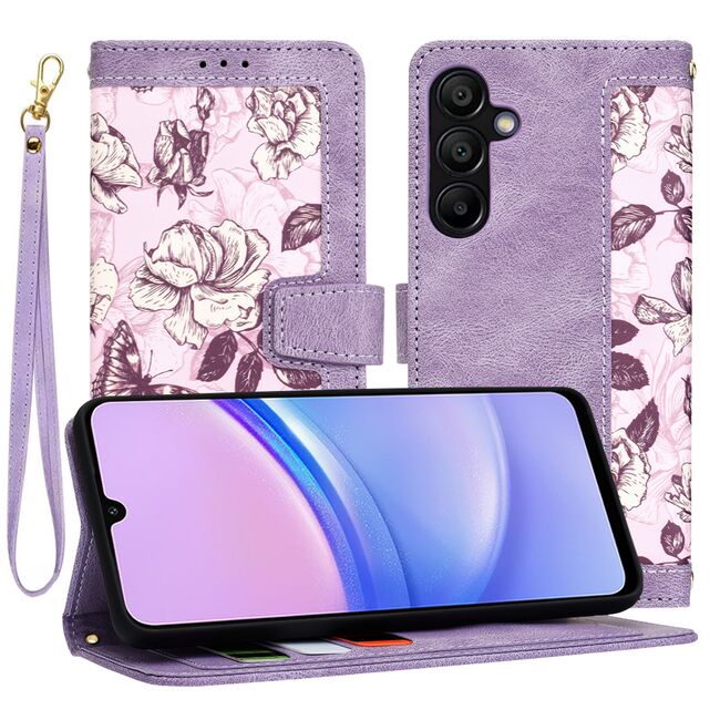 Husa tip carte pentru  Samsung Galaxy A15, functie stand si port carduri, mov