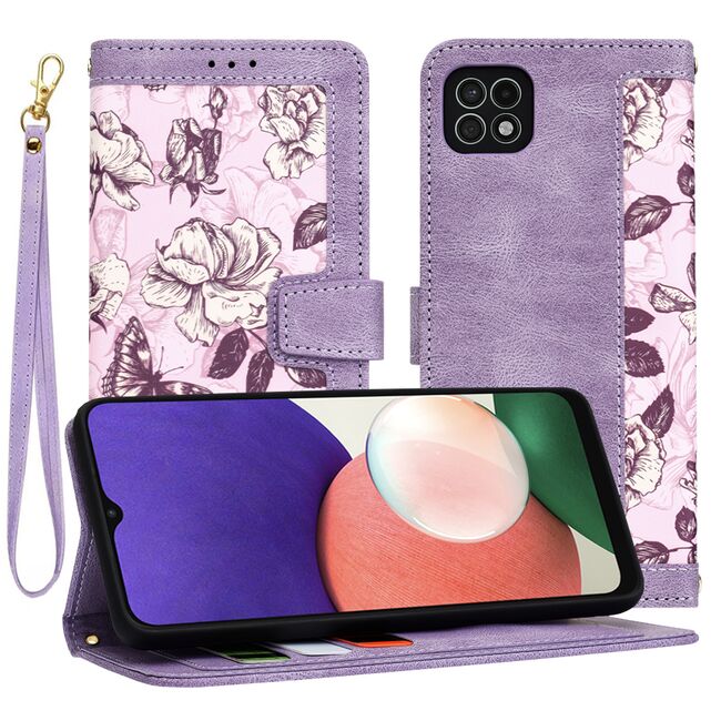 Husa tip carte pentru  Samsung Galaxy A22 5G, functie stand si port carduri, mov