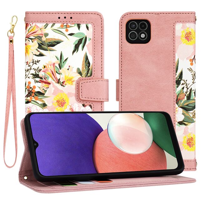 Husa tip carte pentru  Samsung Galaxy A22 5G, functie stand si port carduri, roz