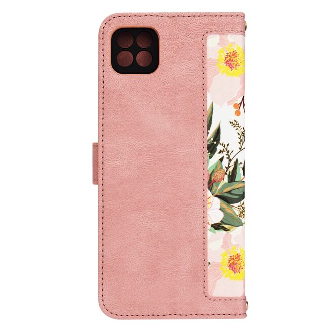 Husa tip carte pentru  Samsung Galaxy A22 5G, functie stand si port carduri, roz