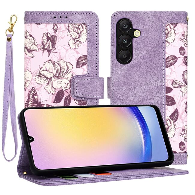 Husa tip carte pentru  Samsung Galaxy A25, functie stand si port carduri, mov