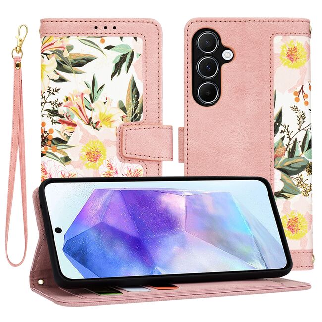 Husa tip carte pentru  Samsung Galaxy A55, functie stand si port carduri, roz