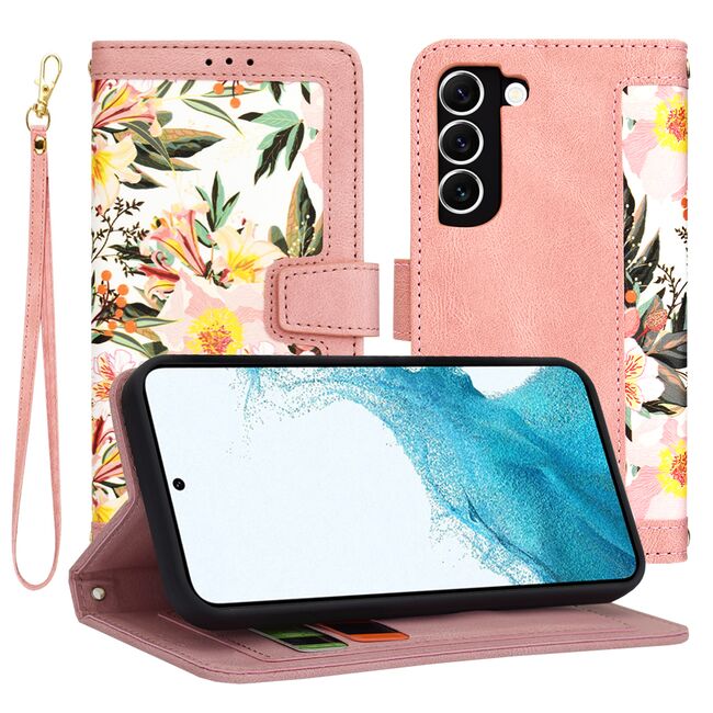 Husa tip carte pentru  Samsung Galaxy S22 5G, functie stand si port carduri, roz