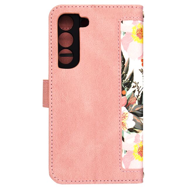 Husa tip carte pentru  Samsung Galaxy S22 5G, functie stand si port carduri, roz