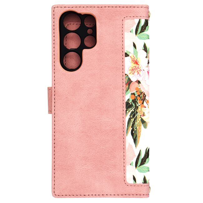 Husa tip carte pentru  Samsung Galaxy S22 Ultra 5G, functie stand si port carduri, roz