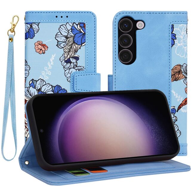 Husa tip carte pentru  Samsung Galaxy S23, functie stand si port carduri, albastru