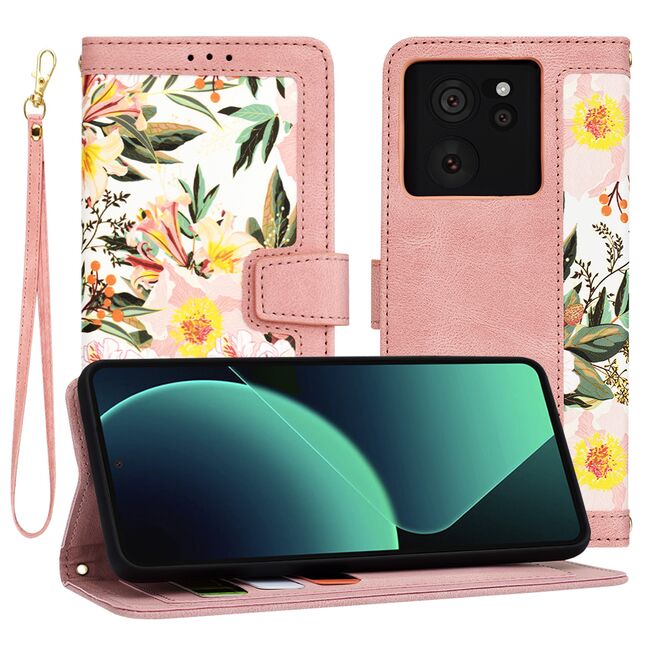 Husa tip carte pentru  Xiaomi 13T, 13T Pro, functie stand si port carduri, roz