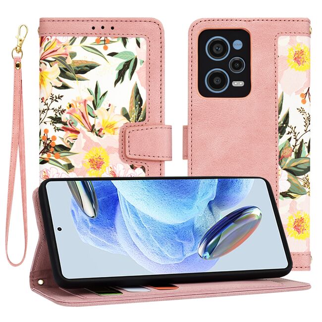 Husa tip carte pentru  Xiaomi Redmi Note 12 Pro, functie stand si port carduri, roz