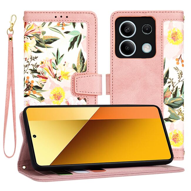 Husa tip carte pentru  Xiaomi Redmi Note 13 5G, functie stand si port carduri, roz