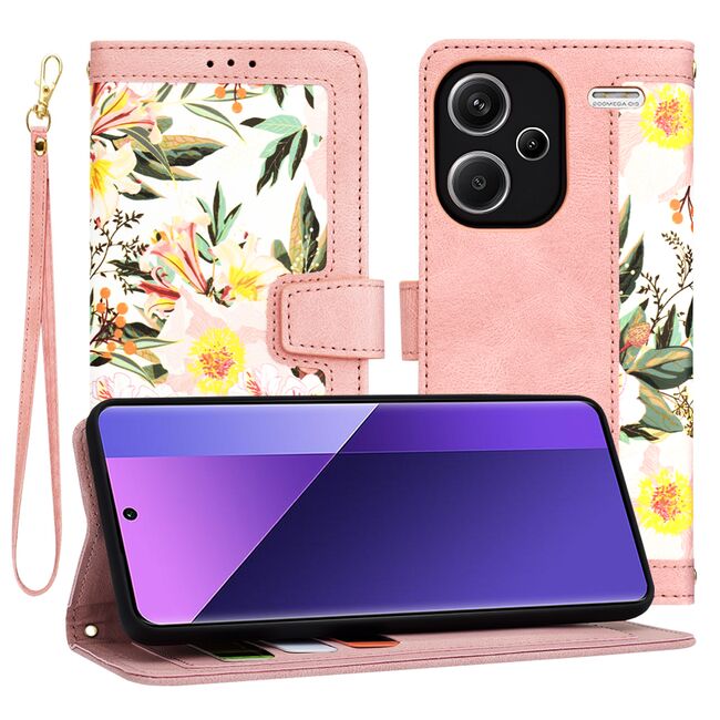 Husa tip carte pentru  Xiaomi Redmi Note 13 Pro+ Plus 5G, functie stand si port carduri, roz