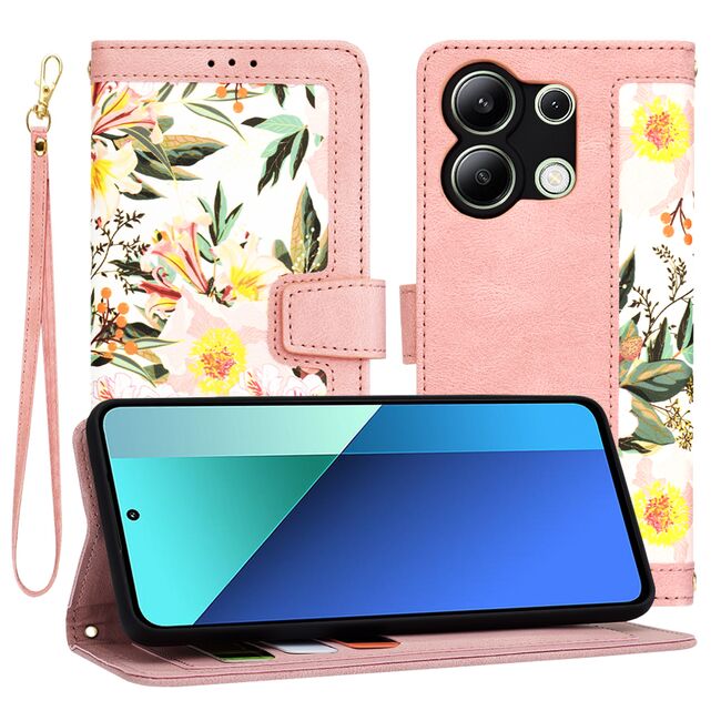 Husa tip carte pentru  Xiaomi Redmi Note 13 Pro 4G, functie stand si port carduri, roz