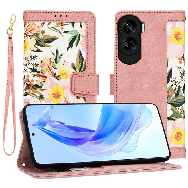 Husa tip carte pentru  Honor 90 lite, functie stand si port carduri, roz