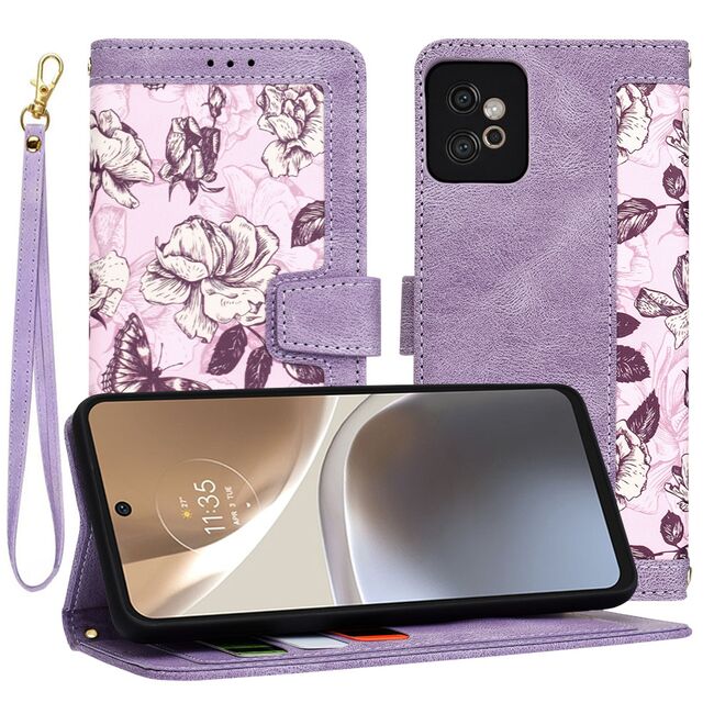 Husa tip carte pentru  Motorola Moto G32, functie stand si port carduri, mov