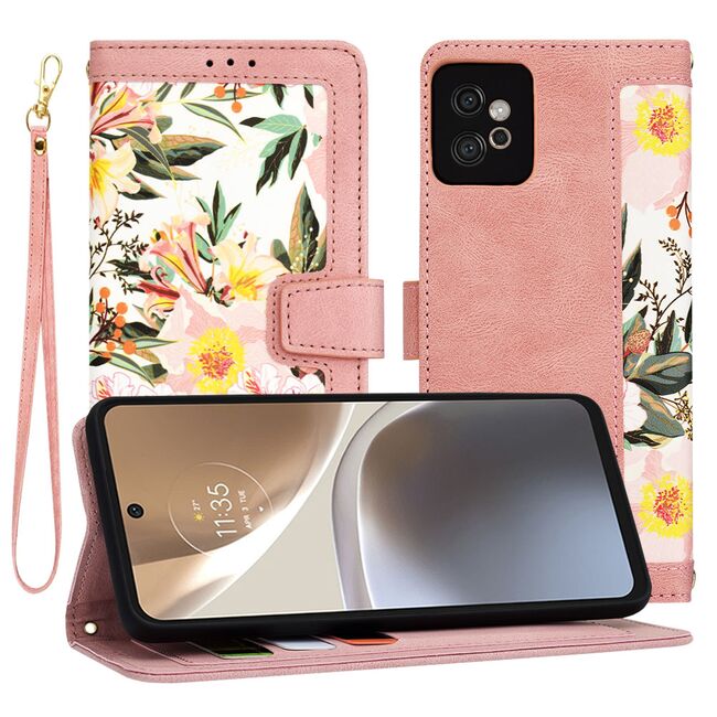Husa tip carte pentru  Motorola Moto G32, functie stand si port carduri, roz
