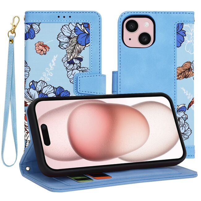 Husa tip carte pentru  iPhone 15, functie stand si port carduri, albastru
