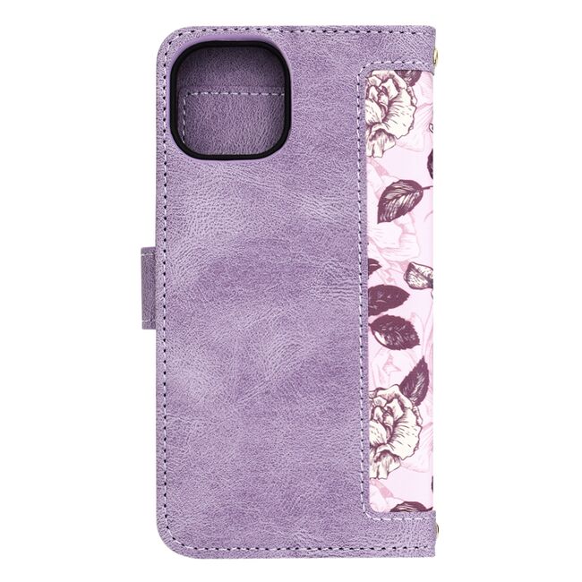 Husa tip carte pentru  iPhone 15, functie stand si port carduri, mov