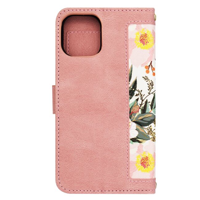 Husa tip carte pentru iPhone 12, functie stand si port carduri, roz