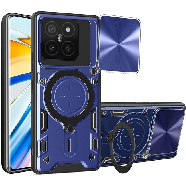 Husa pentru  Xiaomi 14T Pro cu protecție pentru cameră și suport magnetic integrat Ring Shockproof, albastru