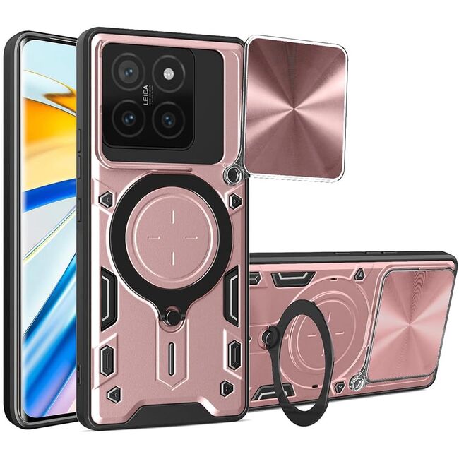 Husa pentru  Xiaomi 14T Pro cu protecție pentru cameră și suport magnetic integrat Ring Shockproof, roz