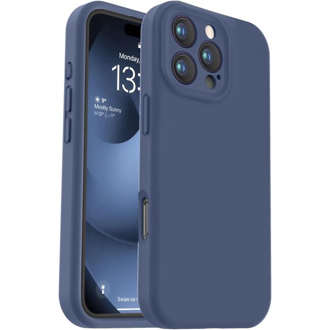 Husa pentru  iPhone 16 Pro Max Liquid Silicone, subțire, captusita cu microfibra, anti amprentă, protectie cameră foto, albastru