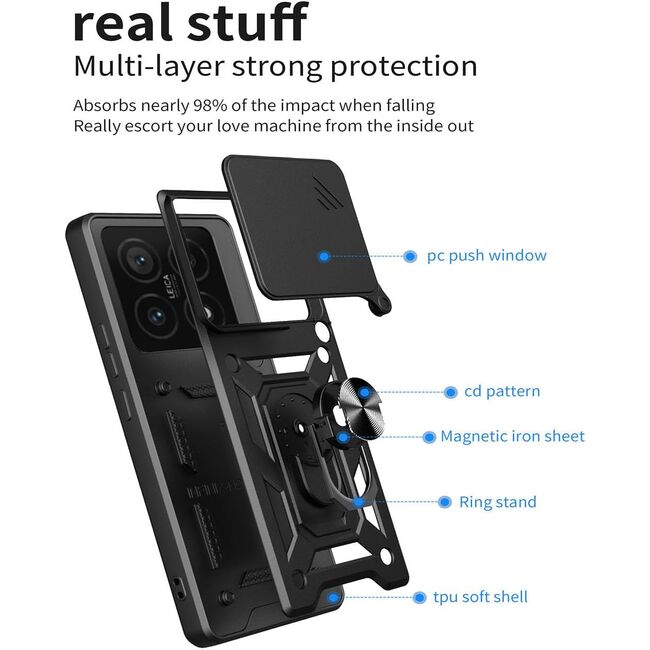 Husa pentru  Xiaomi 14T Ring Armor Kickstand Tough Rugged Cover cu protectie camera, albastru
