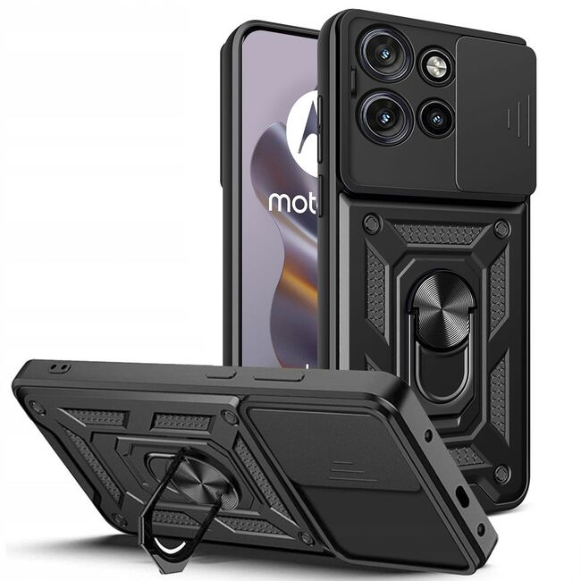 Husa pentru  Motorola Edge 50 Neo Ring Armor Kickstand Tough Rugged Cover cu protectie camera, negru