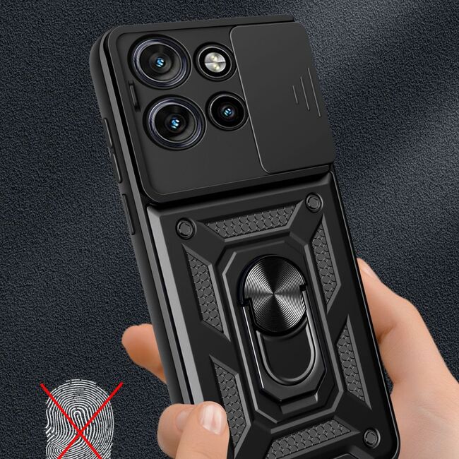 Husa pentru  Motorola Edge 50 Neo Ring Armor Kickstand Tough Rugged Cover cu protectie camera, negru