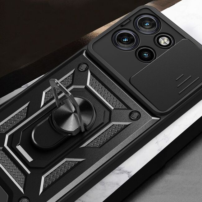 Husa pentru  Motorola Edge 50 Neo Ring Armor Kickstand Tough Rugged Cover cu protectie camera, negru