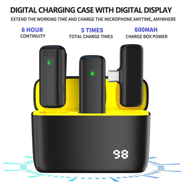 Set 2 Lavaliera wireless Receiver, USB Type-C, Noise Reduction, 70mAh + 600mAh carcasa, Plug and Play, range 20m, negru