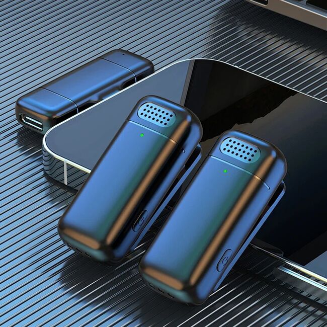 Set 2 Lavaliera wireless Receiver, USB Type-C, Noise Reduction, 70mAh + 600mAh carcasa, Plug and Play, range 20m, negru