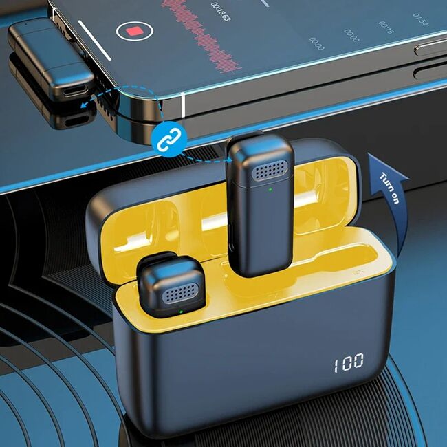 Set 2 Lavaliera wireless Receiver, USB Type-C, Noise Reduction, 70mAh + 600mAh carcasa, Plug and Play, range 20m, negru