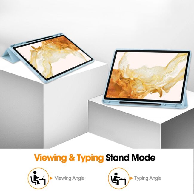 Husa pentru  Samsung Galaxy Tab S8 Soft Shell cu functie wake-up/sleep si compartiment pentru stylus, tip stand - albastru deschis