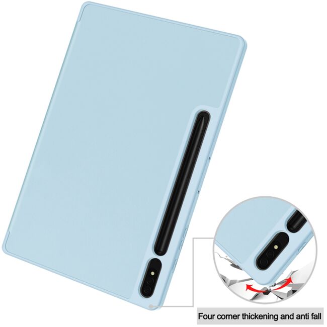 Husa pentru  Samsung Galaxy Tab S8 Soft Shell cu functie wake-up/sleep si compartiment pentru stylus, tip stand - albastru deschis
