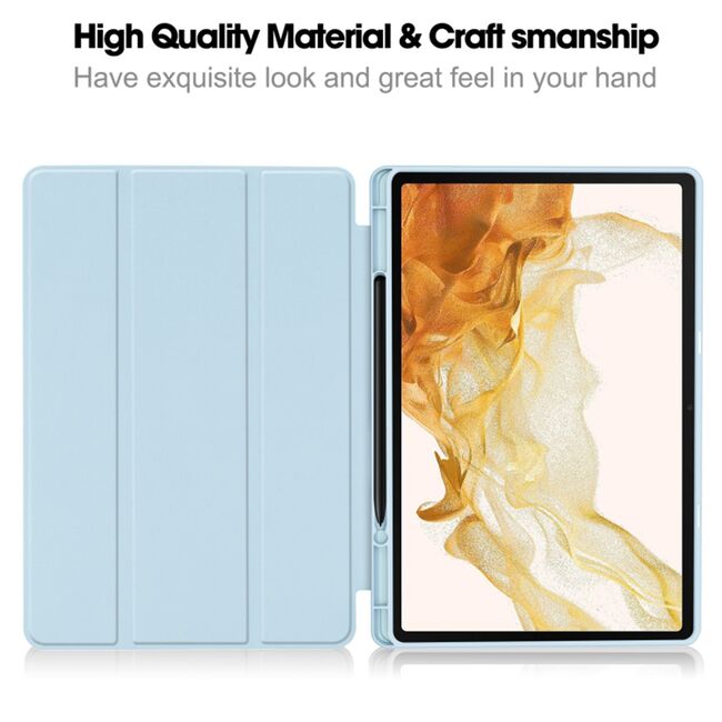 Husa pentru  Samsung Galaxy Tab S8 Soft Shell cu functie wake-up/sleep si compartiment pentru stylus, tip stand - albastru deschis