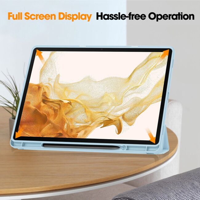 Husa pentru  Samsung Galaxy Tab S8 Soft Shell cu functie wake-up/sleep si compartiment pentru stylus, tip stand - albastru deschis