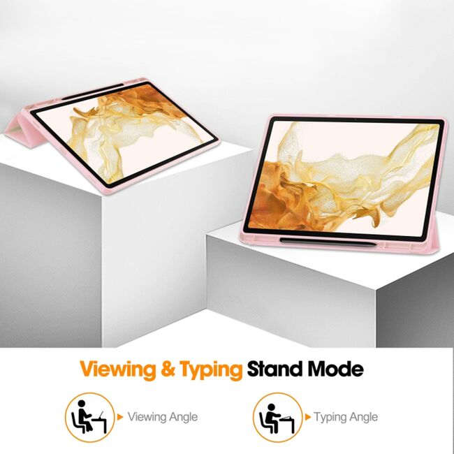 Husa pentru  Samsung Galaxy Tab S8 Soft Shell cu functie wake-up/sleep si compartiment pentru stylus, tip stand - roz