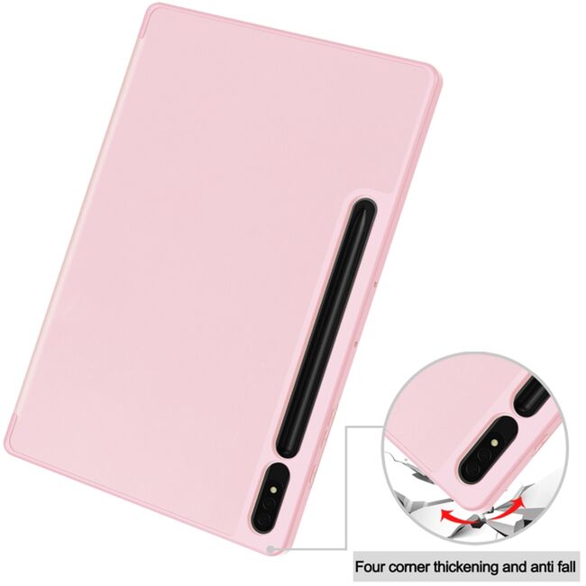Husa pentru  Samsung Galaxy Tab S8 Soft Shell cu functie wake-up/sleep si compartiment pentru stylus, tip stand - roz