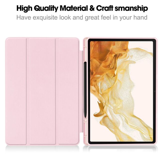 Husa pentru  Samsung Galaxy Tab S8 Soft Shell cu functie wake-up/sleep si compartiment pentru stylus, tip stand - roz