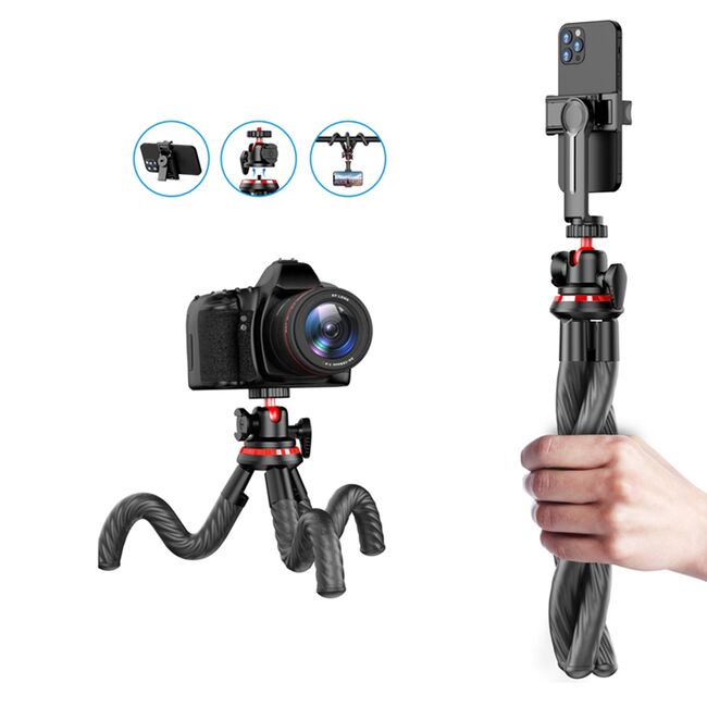 Selfie stick cu trepied flexibil octopus si telecomanda wireless bluetooth, pentru telefon, camera foto, Action Camera / GoPro cu telecomanda Bluetooth, unghi de inclinare reglabil, negru