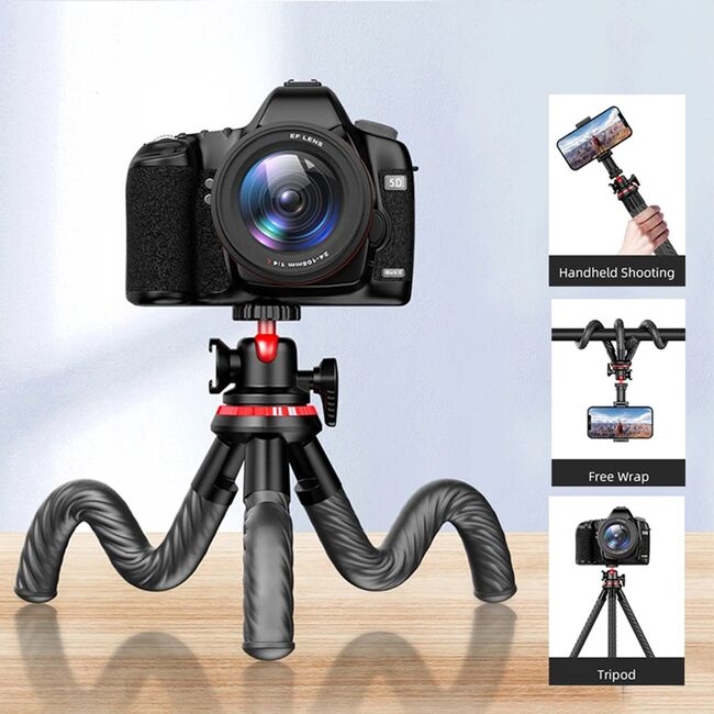 Selfie stick cu trepied flexibil octopus si telecomanda wireless bluetooth, pentru telefon, camera foto, Action Camera / GoPro cu telecomanda Bluetooth, unghi de inclinare reglabil, negru