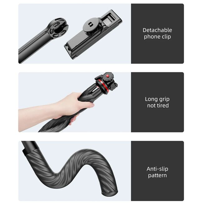 Selfie stick cu trepied flexibil octopus si telecomanda wireless bluetooth, pentru telefon, camera foto, Action Camera / GoPro cu telecomanda Bluetooth, unghi de inclinare reglabil, negru