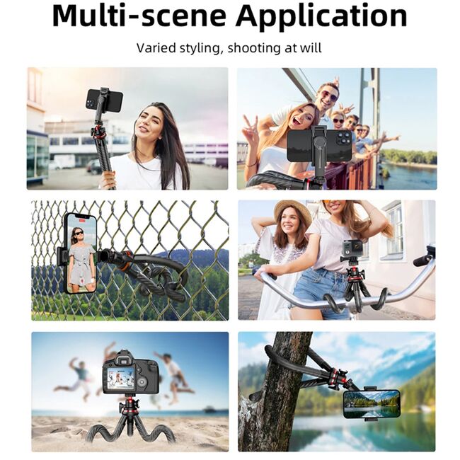 Selfie stick cu trepied flexibil octopus si telecomanda wireless bluetooth, pentru telefon, camera foto, Action Camera / GoPro cu telecomanda Bluetooth, unghi de inclinare reglabil, negru