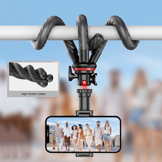 Selfie stick cu trepied flexibil octopus si telecomanda wireless bluetooth, pentru telefon, camera foto, Action Camera / GoPro cu telecomanda Bluetooth, unghi de inclinare reglabil, negru