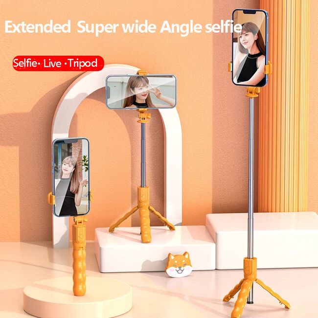 Selfie stick cu trepied telescopic si telecomanda wireless bluetooth, unghi de inclinare reglabil, rotire la 360° lungime reglabila pana la 70 cm, portocaliu