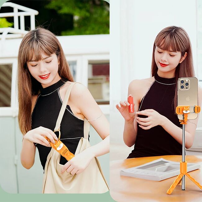 Selfie stick cu trepied telescopic si telecomanda wireless bluetooth, unghi de inclinare reglabil, rotire la 360° lungime reglabila pana la 70 cm, portocaliu