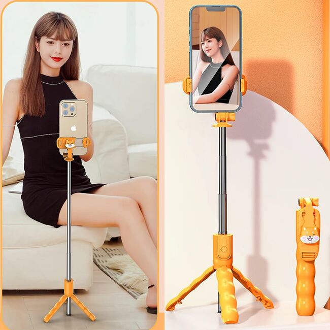 Selfie stick cu trepied telescopic si telecomanda wireless bluetooth, unghi de inclinare reglabil, rotire la 360° lungime reglabila pana la 70 cm, portocaliu