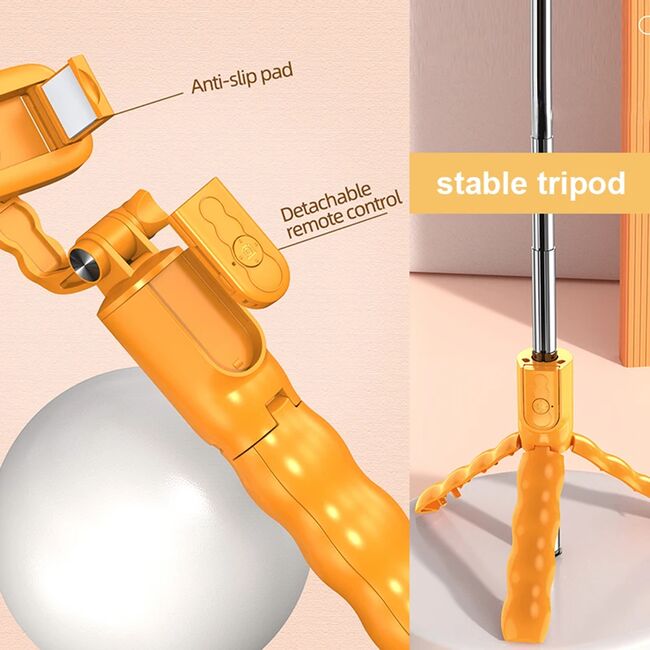 Selfie stick cu trepied telescopic si telecomanda wireless bluetooth, unghi de inclinare reglabil, rotire la 360° lungime reglabila pana la 70 cm, portocaliu