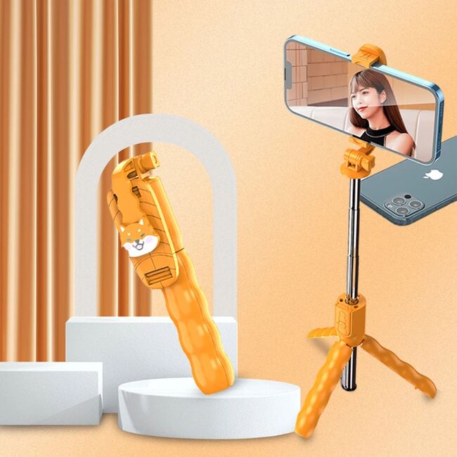 Selfie stick cu trepied telescopic si telecomanda wireless bluetooth, unghi de inclinare reglabil, rotire la 360° lungime reglabila pana la 70 cm, portocaliu