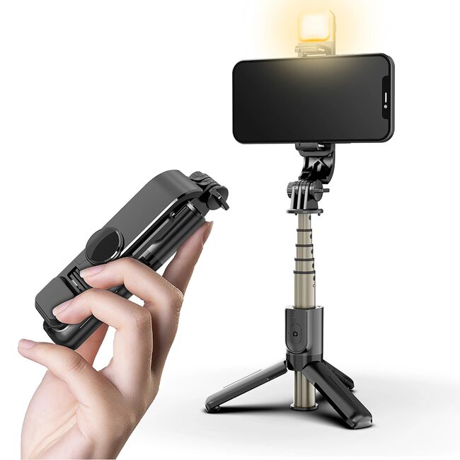 Selfie stick cu trepied ultra compact telescopic si telecomanda wireless bluetooth, Lumina LED integrata, reglabil pana la 70 cm, negru